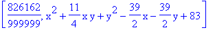 [826162/999999, x^2+11/4*x*y+y^2-39/2*x-39/2*y+83]